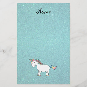Personalised name unicorn turquoise glitter stationery