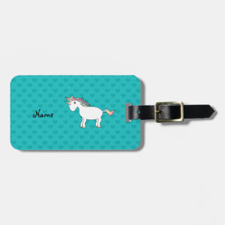 Personalised name unicorn turquoise hearts luggage tag