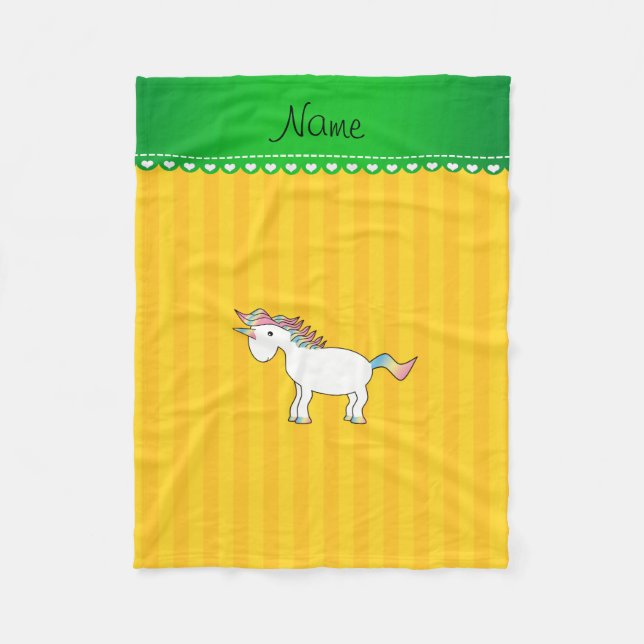 Personalised name unicorn yellow stripes fleece blanket (Front)