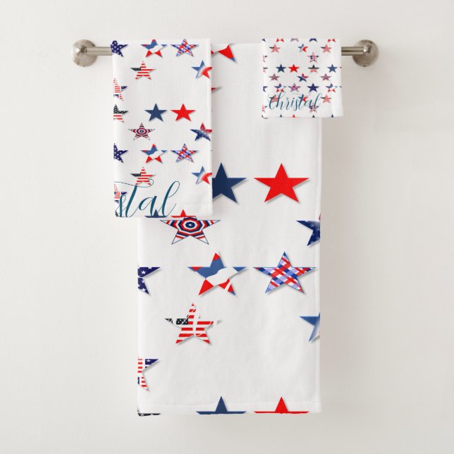 Personalised name USA flag star 4th july Bath Towel Set (Insitu)