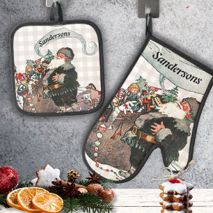 Personalised Name Vintage Santa St. Nick Xmas  Oven Mitt & Pot Holder Set