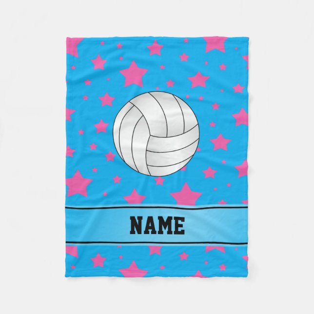 Personalised name volleyball blue pink stars fleece blanket (Front)