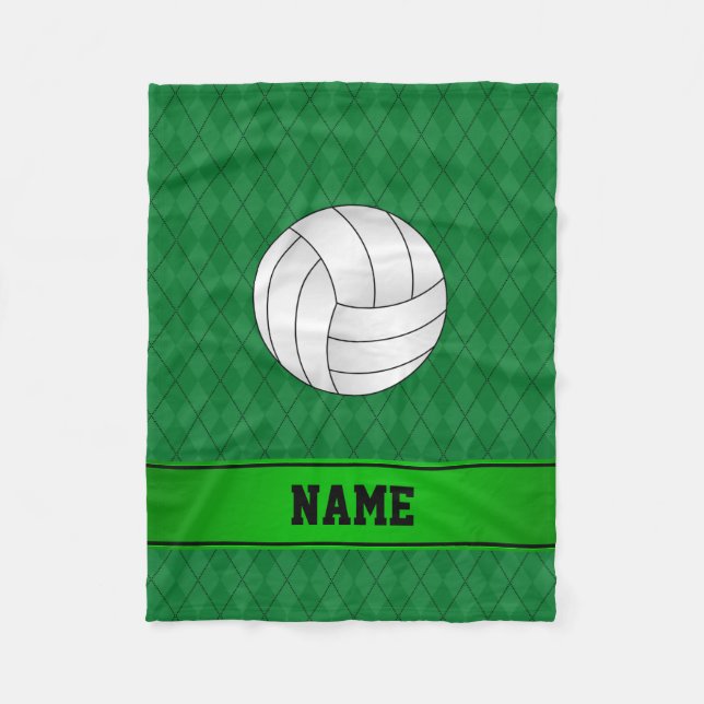 Personalised name volleyball green argyle fleece blanket (Front)