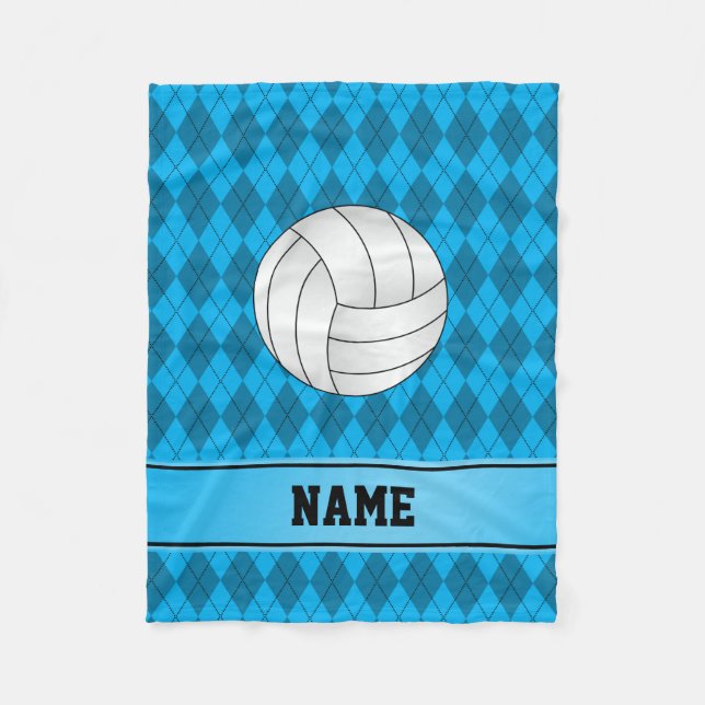 Personalised name volleyball sky blue argyle fleece blanket (Front)