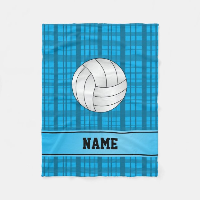 Personalised name volleyball sky blue plaid fleece blanket (Front)