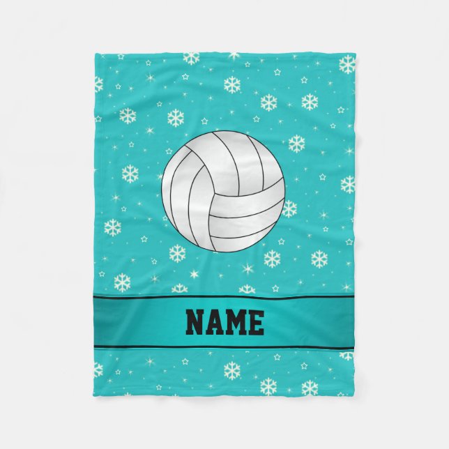 Personalised name volleyball turquoise snowflakes fleece blanket (Front)