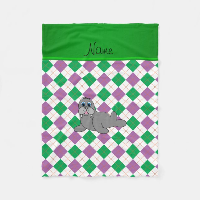 Personalised name walrus green purple argyle fleece blanket (Front)