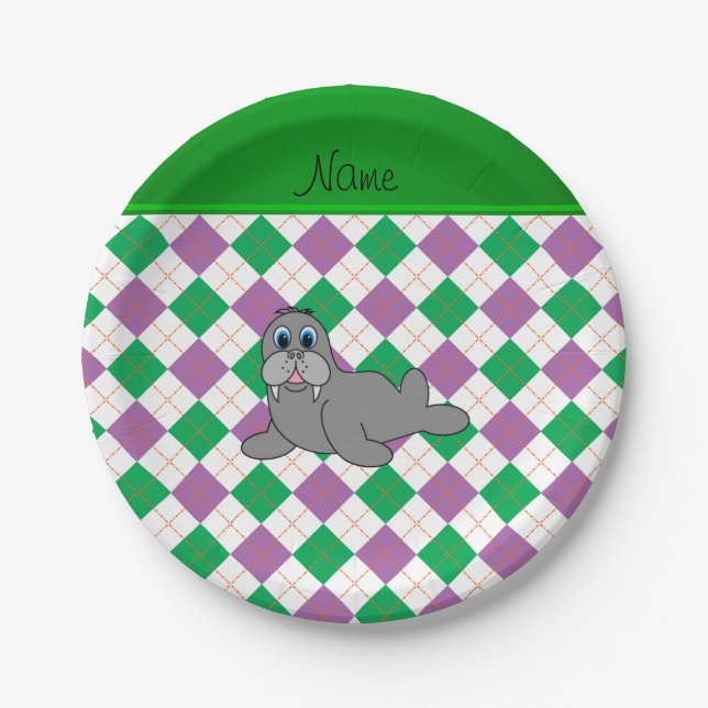 Personalised name walrus green purple argyle paper plate (Front)