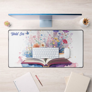 Personalised Name Watercolor Book and Flowers Desk Mat