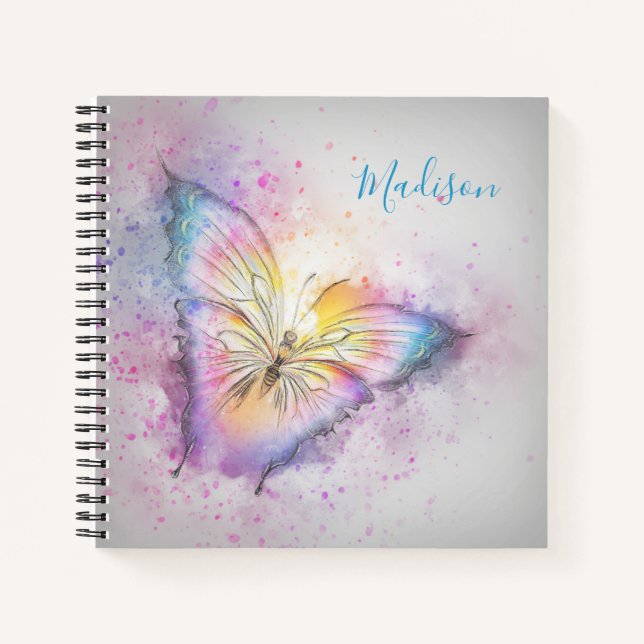 Personalised Name Watercolor Colourful Butterfly Notebook (Front)
