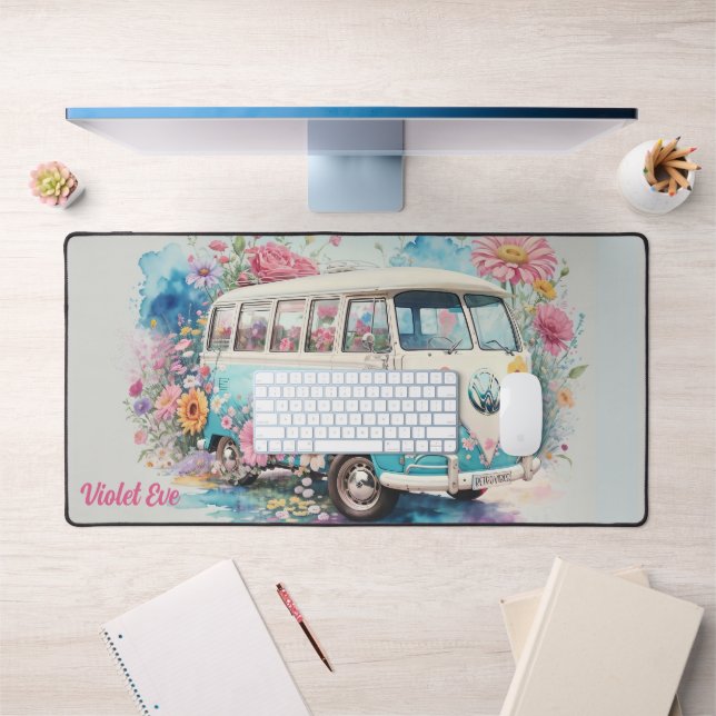 Personalised Name Watercolor Retro Bus Flowers Desk Mat (Office 1)