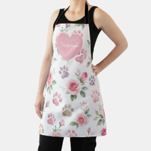 Personalised Name Watercolor Rose & Paw Print  Apron