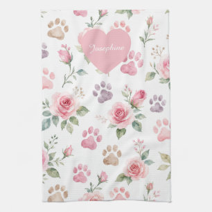 Personalised Name Watercolor Rose & Paw Print Tea Towel