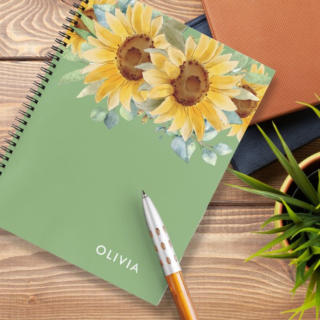Personalised Name Watercolor Sunflower Sage Green Notebook (Creator Uploaded)