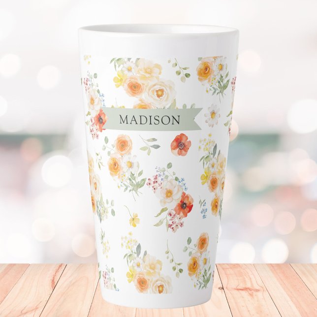 Personalised Name Watercolor Sunny Floral Pattern Latte Mug (Creator Uploaded)