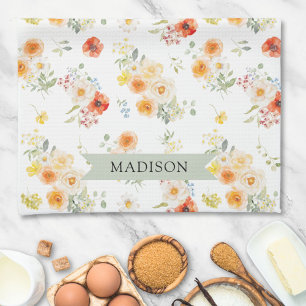 Personalised Name Watercolor Sunny Floral Pattern Tea Towel