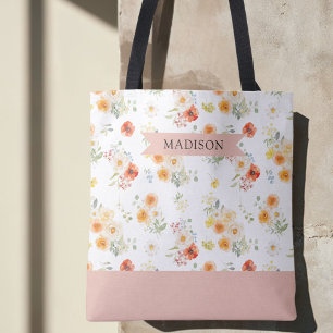 Personalised Name Watercolor Sunny Floral Pattern Tote Bag