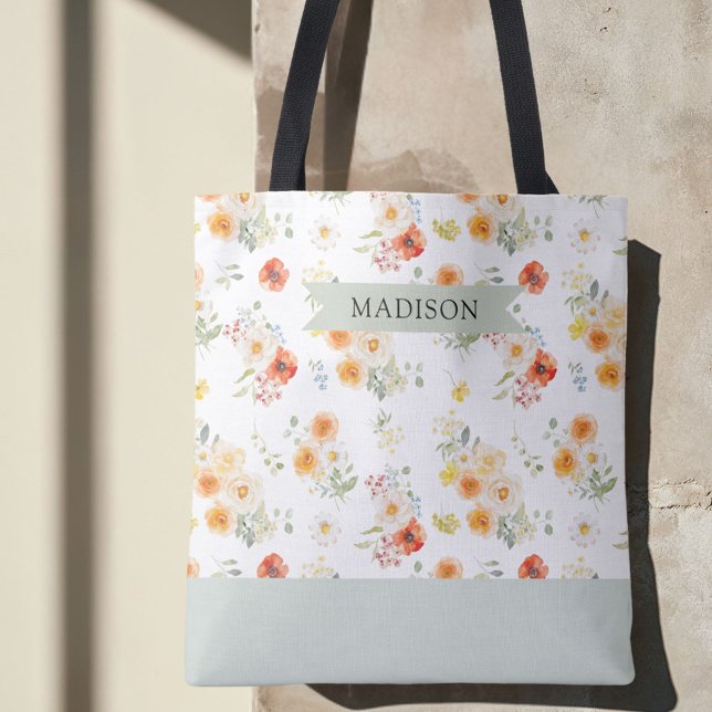 Personalised Name Watercolor Sunny Floral Pattern Tote Bag (Creator Uploaded)