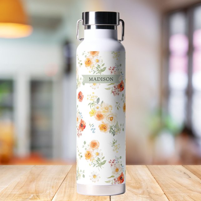 Personalised Name Watercolor Sunny Floral Pattern Water Bottle (Creator Uploaded)