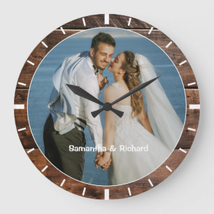 Personalised Name Wedding Photo Rustic Dark Wood   Large Clock