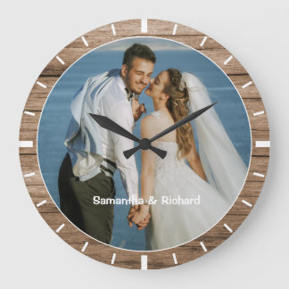 Personalised Name Wedding Photo Rustic Wood Frame  Large Clock