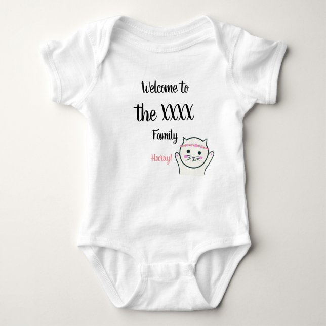 Personalised Name Welcome to the family hooray cat Baby Bodysuit (Front)