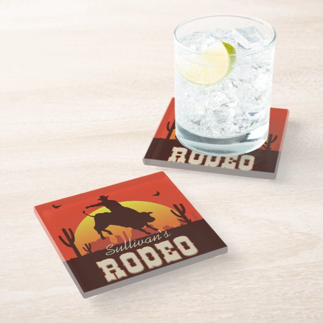 Personalised NAME Western Cowboy Bull Rider Rodeo Glass Coaster (Angled)