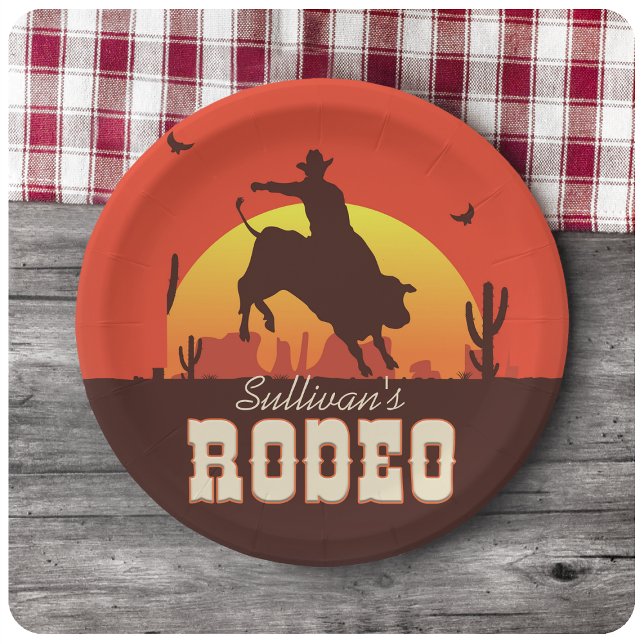 Personalised NAME Western Cowboy Bull Rider Rodeo Paper Plate (Creator Uploaded)