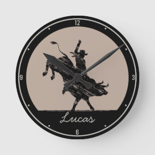 Personalised NAME Western Rodeo Bull Rider Cowboy Round Clock