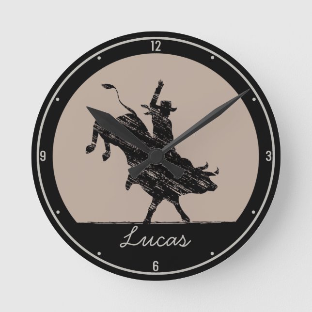 Personalised NAME Western Rodeo Bull Rider Cowboy Round Clock (Front)