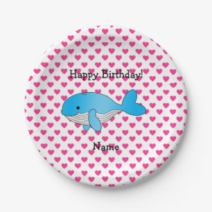 Personalised name whale pink hearts birthday paper plate