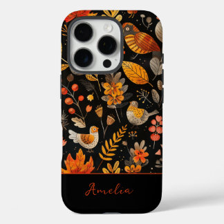 Personalised Name Whimsical Bird and Autumn Leaf iPhone 16 Pro Case