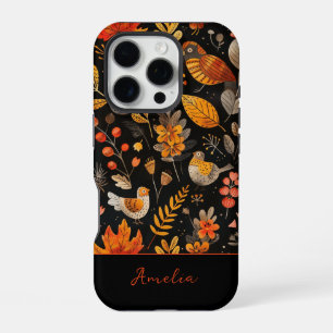 Personalised Name Whimsical Bird and Autumn Leaf iPhone 16 Pro Case