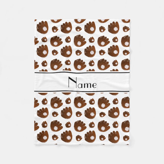 Personalised name white baseball gloves balls fleece blanket (Front)