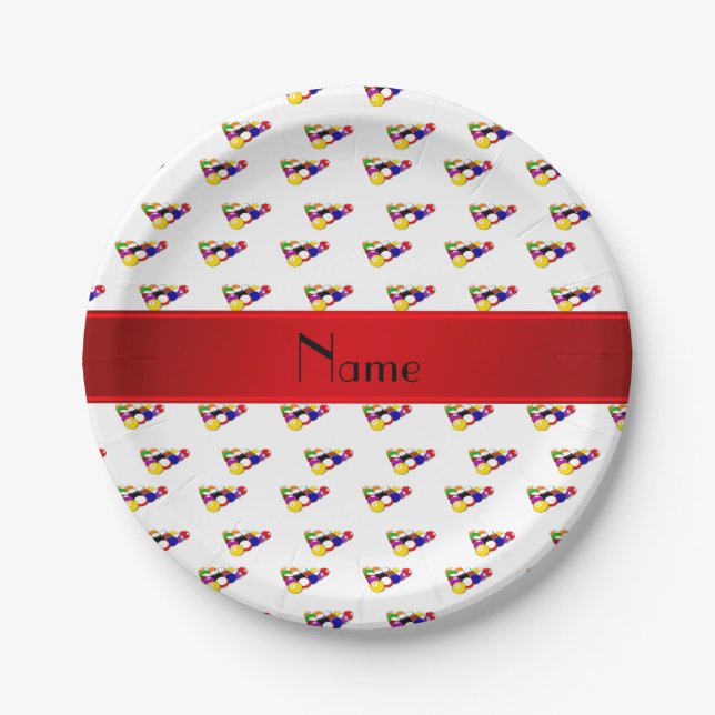 Personalised name white billiard balls red stripe paper plate (Front)