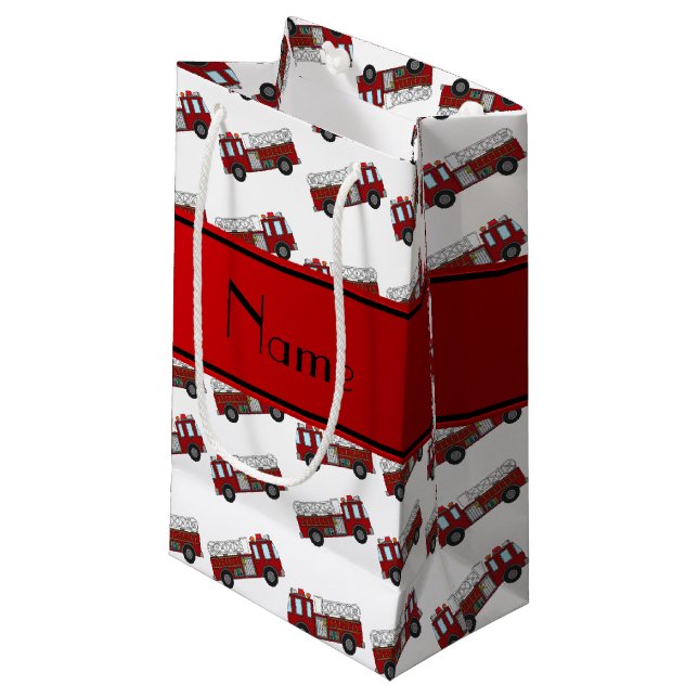 Personalised name white firetrucks red stripe small gift bag (Front Angled)