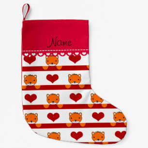Personalised name white foxes red hearts stripes small christmas stocking