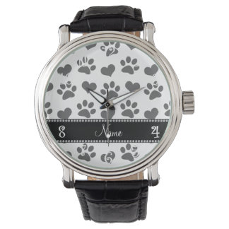 Personalised name white hearts and paw prints watch