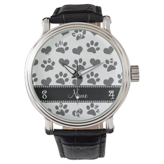 Personalised name white hearts and paw prints watch (Front)