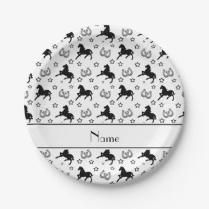 Personalised name white horses stars horseshoes paper plate