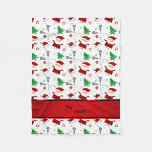 Personalised name white lacrosse christmas pattern fleece blanket