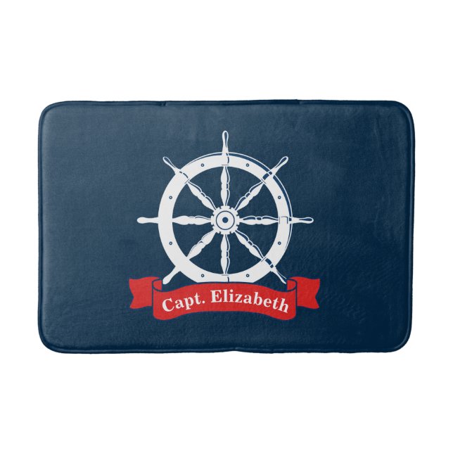 Personalised name, white nautical navy ship wheel, bath mat (Front)