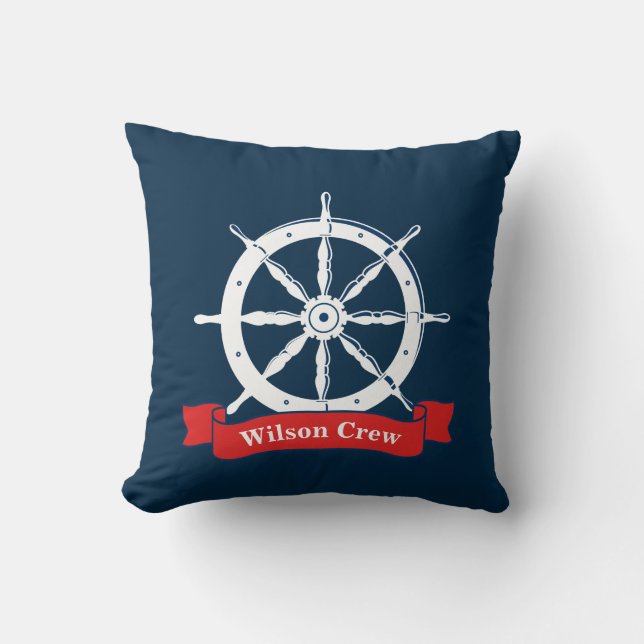 Personalised name, white nautical navy ship wheel, cushion (Front)