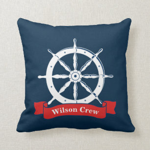 Personalised name, white nautical navy ship wheel, cushion