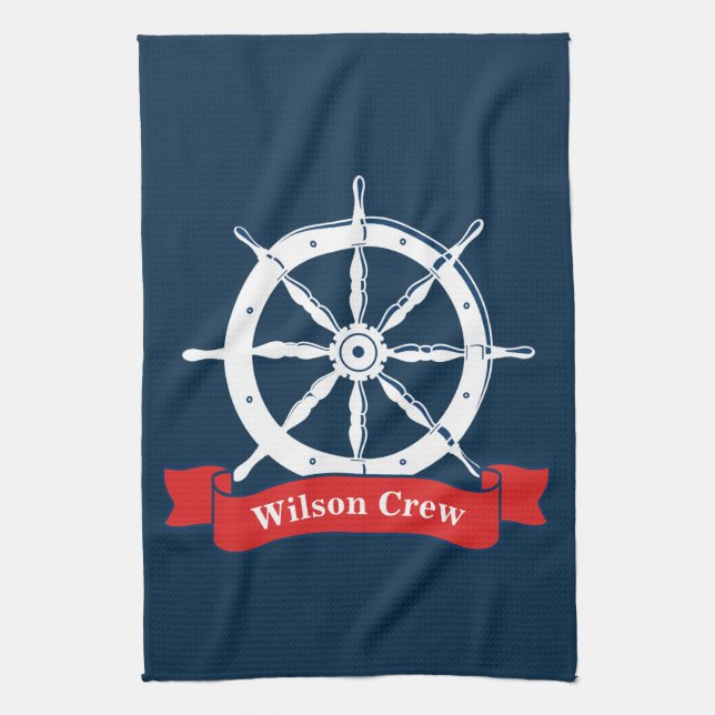 Personalised name, white nautical navy ship wheel, tea towel (Vertical)