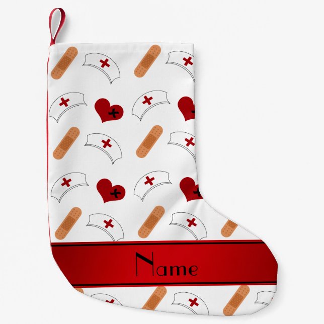 Personalised name white nurse pattern small christmas stocking (Front)