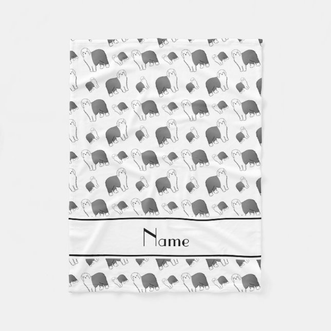 Personalised name white Old English Sheepdog dogs Fleece Blanket (Front)