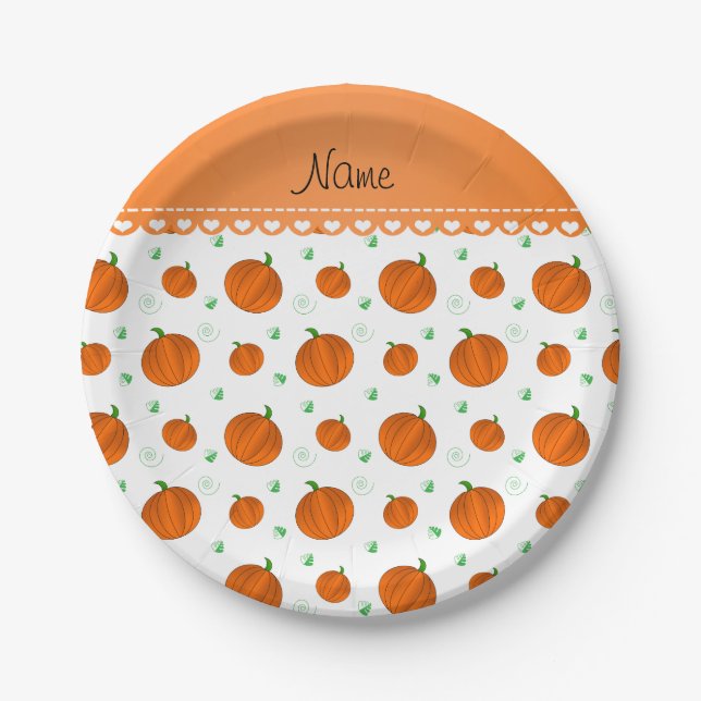 Personalised name white orange pumpkins paper plate (Front)