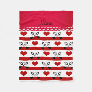 Personalised name white panda red heart stripes fleece blanket
