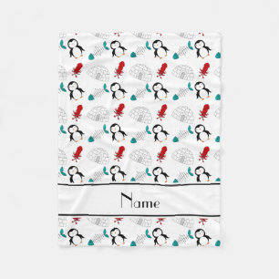 Personalised name white penguins igloo fish squid fleece blanket